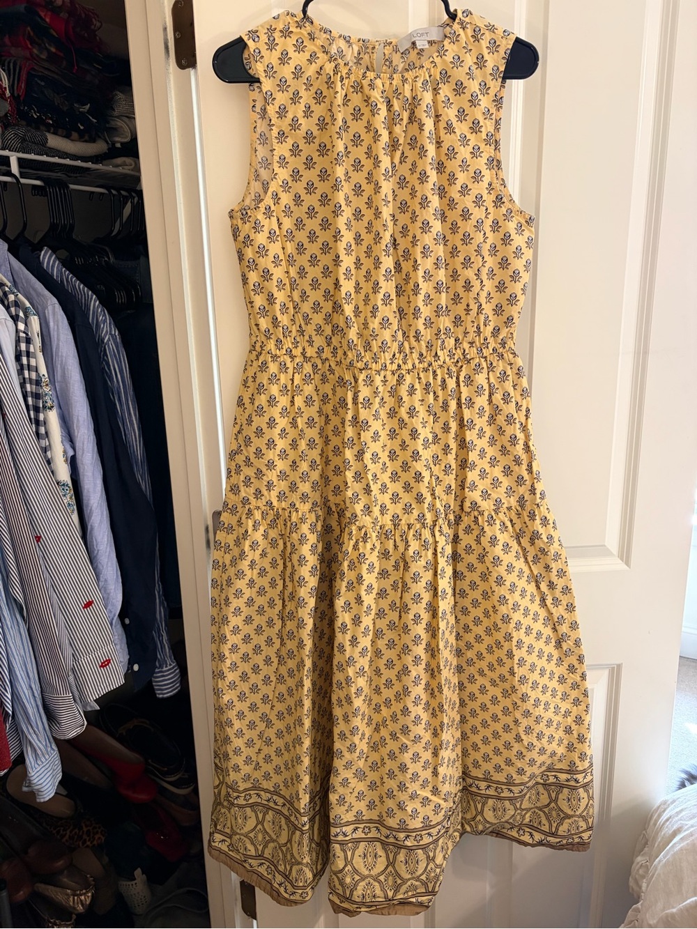 LOFT Yellow Floral Tiered Midi Dress with Navy Motif